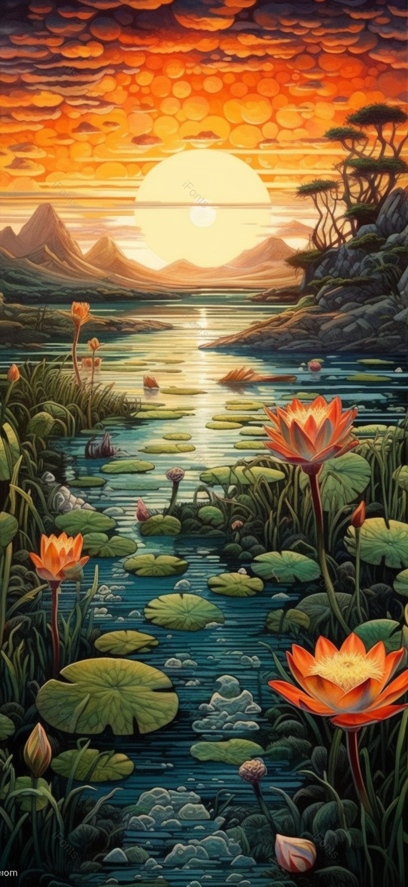 夏日湖边夕阳傍晚晚霞美丽风景,插画/手绘图,插画/手绘图库,插画/手绘图下载,插画/手绘